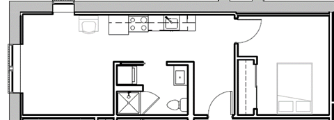 a floor plan of a small house with a bathroom and a kitchen